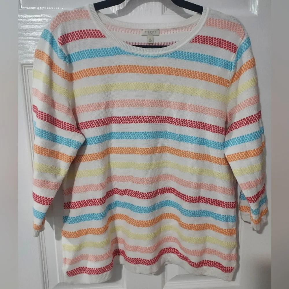 Talbots White and Multicolor Stripes Pullover 3/4 Sleeve Sweater in Size XL
